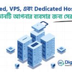 Shared VPS এবং Dedicated Hosting এর তুলনা - ব্যবসার জন্য কোন হোস্টিং সেরা তা ব্যাখ্যা করা একটি সার্ভার ইলাস্ট্রেশন গ্রাফিক
