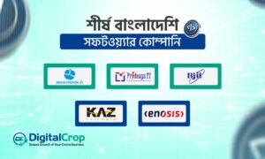 বাংলাদেশের শীর্ষ সফটওয়্যার কোম্পানিগুলোর লোগো সম্বলিত গ্রাফিক, যেখানে Brain Station 23, Pridesys IT, BJIT, KAZ Software ও KenoSis প্রদর্শিত হয়েছে।