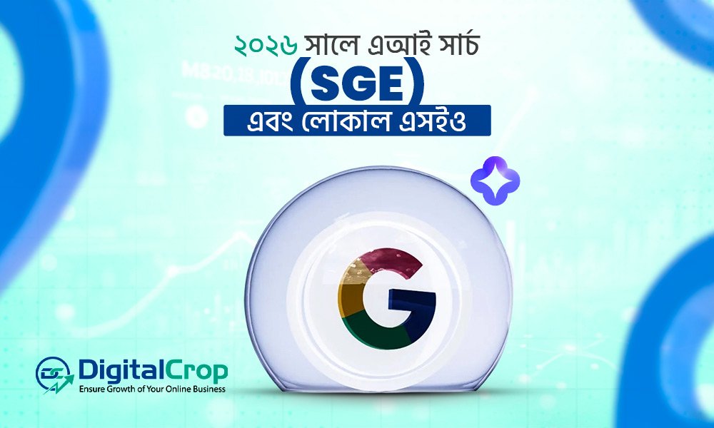 ২০২৬ সালে AI সার্চ SGE এবং local seo কৌশল দেখানো Google লোগোসহ ডিজিটাল গ্রাফিক ভিজ্যুয়াল